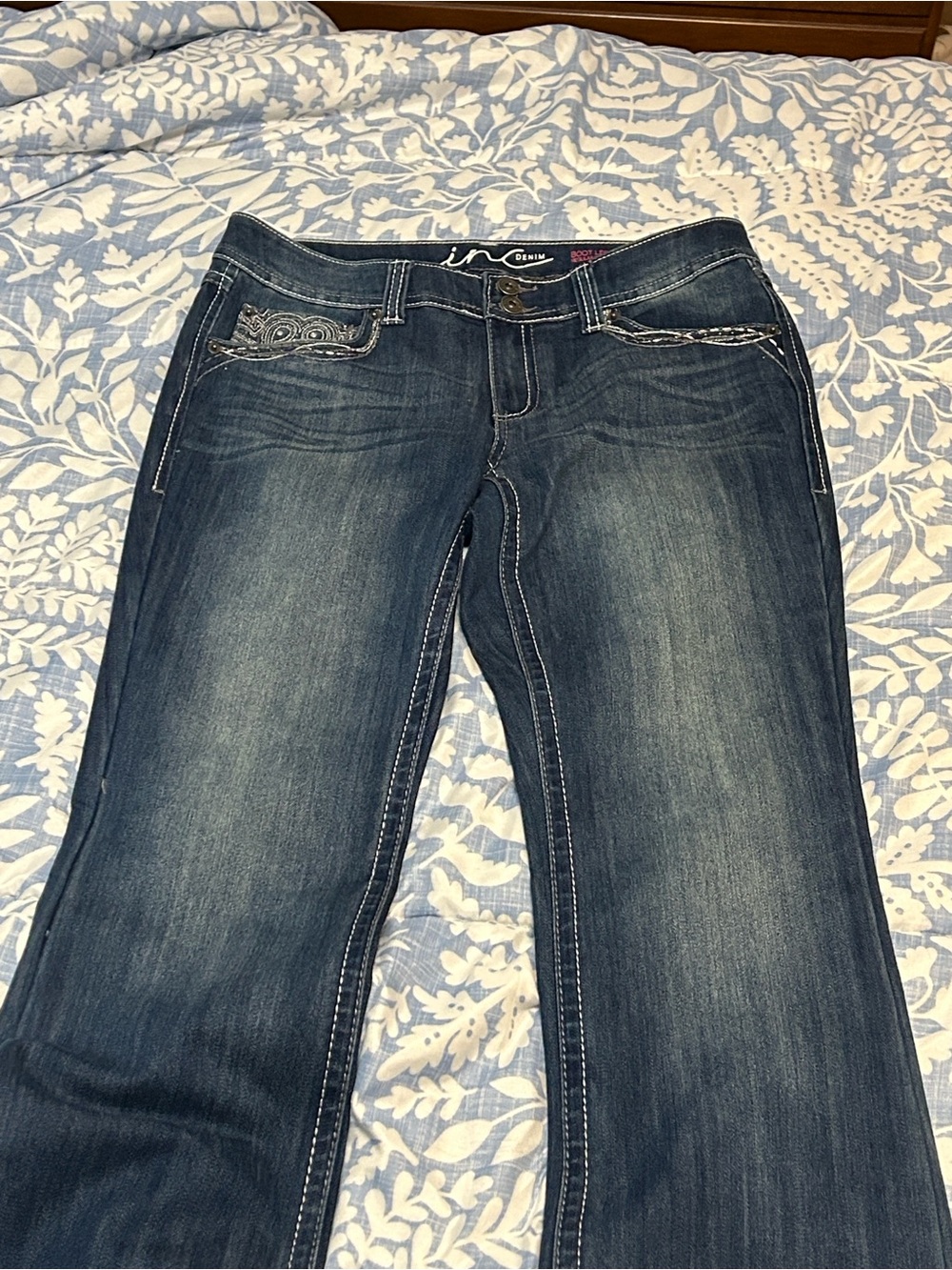 INC International Concepts Dark Blue Bootcut Jeans with Contrast Stitching